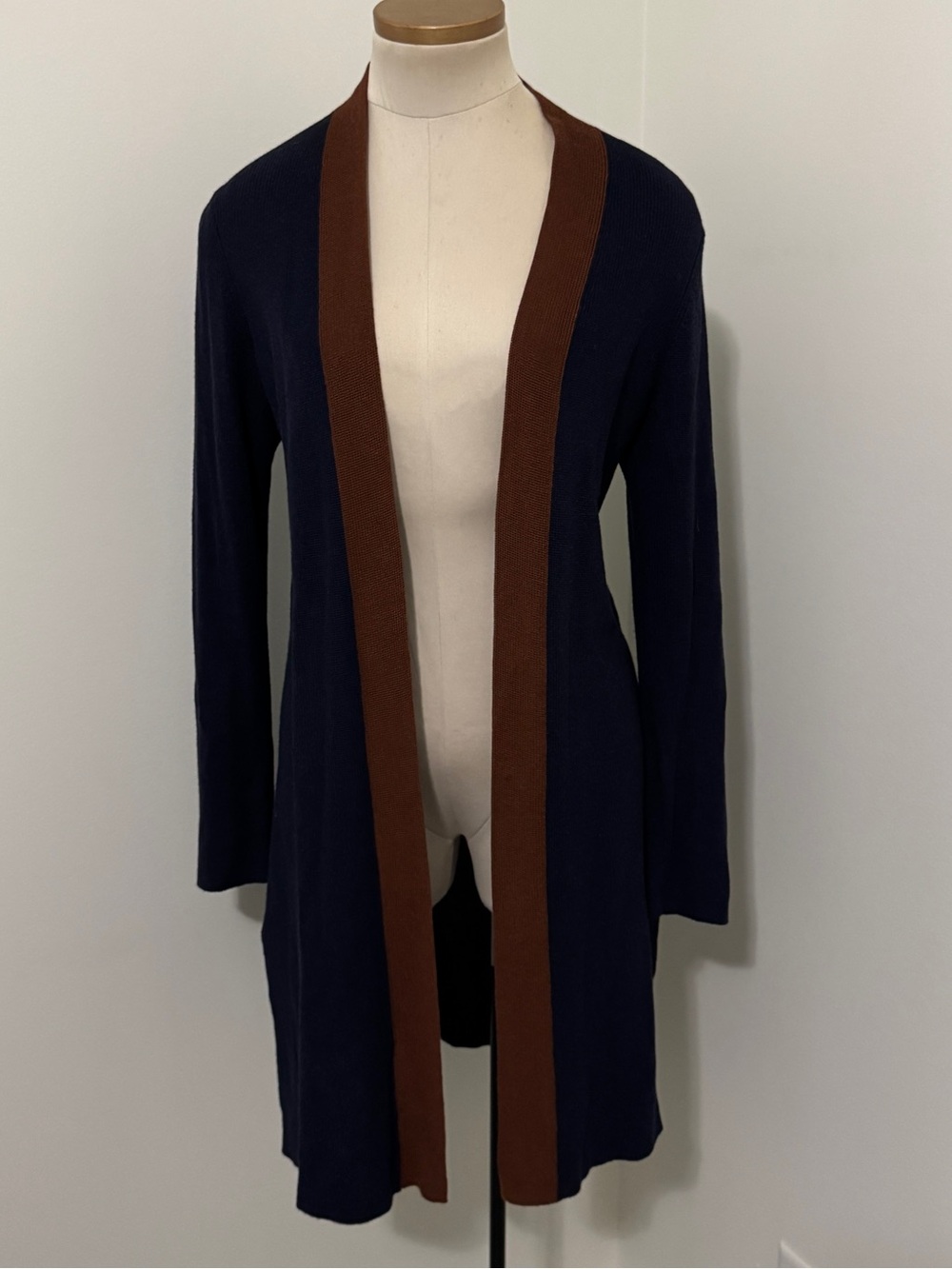 Flash Sale Eileen Fisher Navy Blue Open Cardigan with Brown Trim